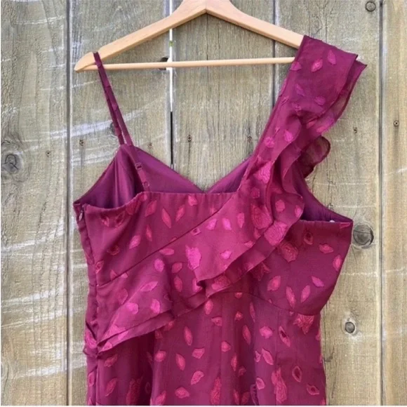 Burgundy Floral Jacquard Asymmetric Ruffle Chiffon Dress 🌿 - Picture 9 of 12